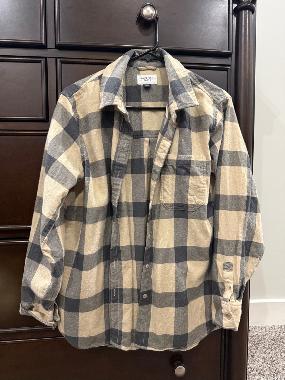 American Eagle Outfitters Beige and Gray Plaid Button-Down Shirt